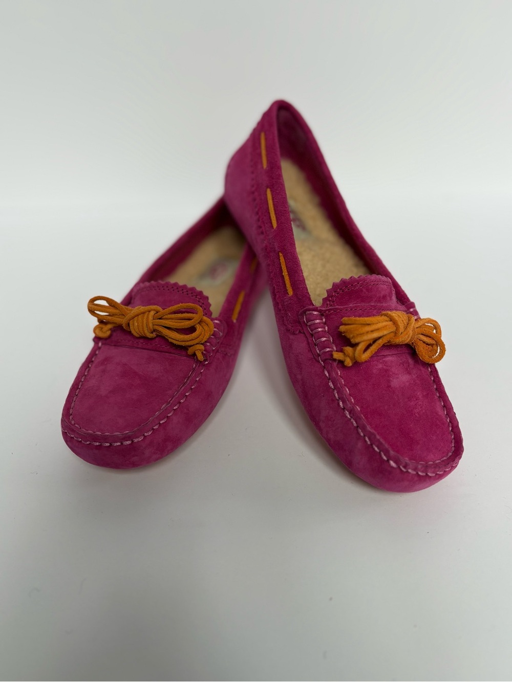UGG Dakota Suede Moccasins in Fuchsia with Orange Bow - Women’s Size 6